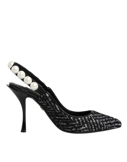 White Black Chevron Faux Pearl Slingback Shoes