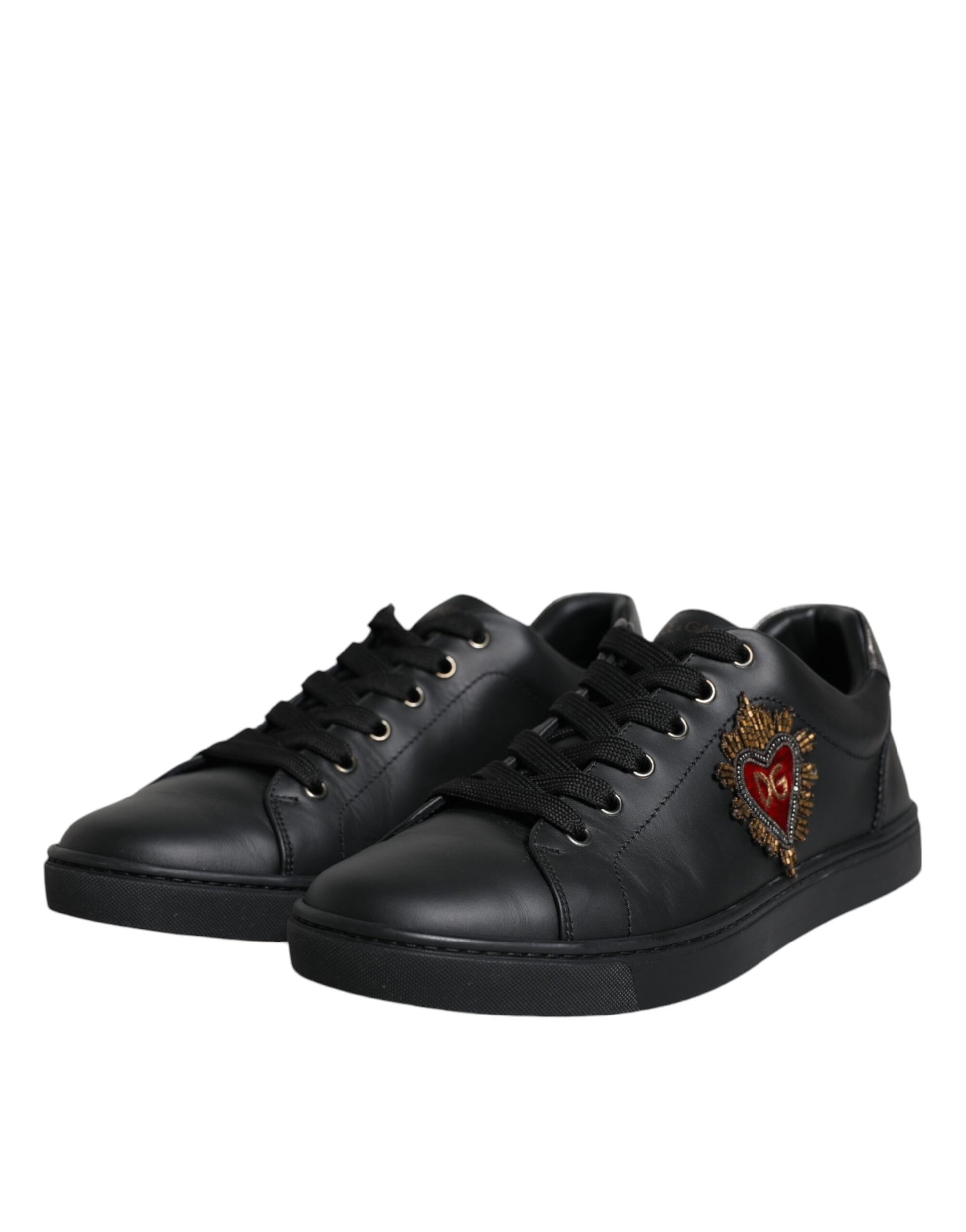 Black Leather Heart Embellished Sneakers Shoes