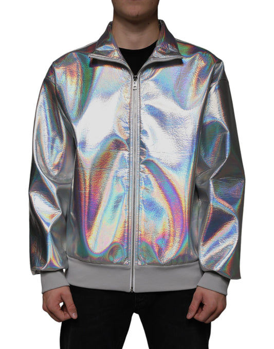 Silver Iridescent Full Zip Men Bomber Jacket