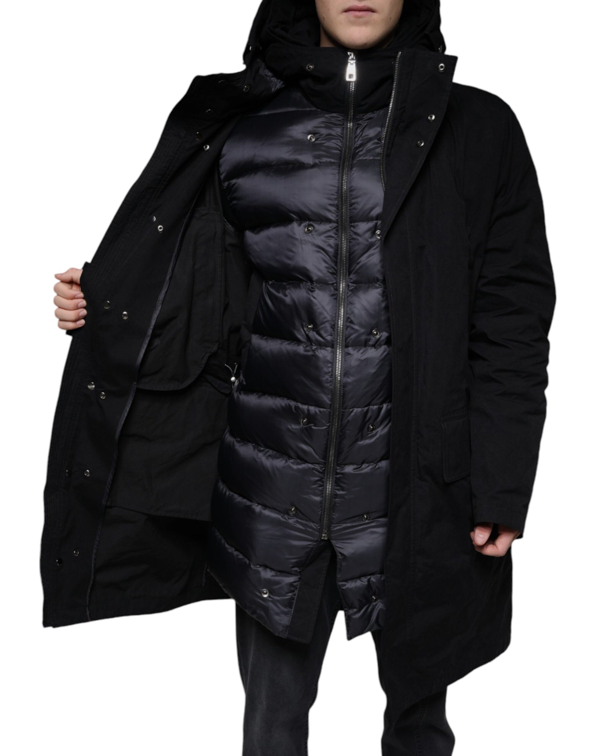 Black Hooded Parka Cotton Trench Coat Jacket