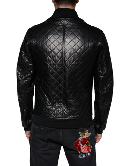 Black Calf Leather Quilted Full Zip Jacket