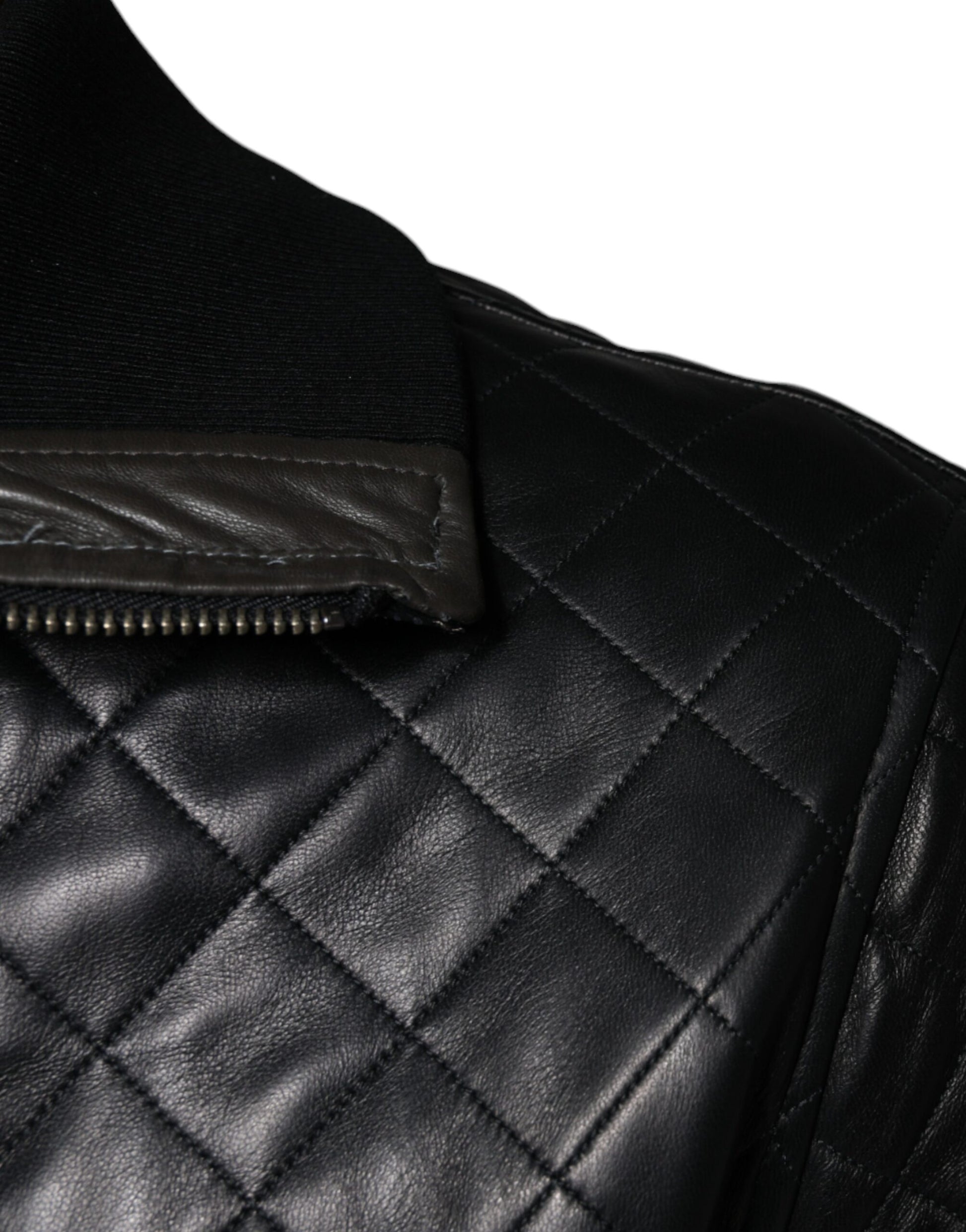 Black Calf Leather Quilted Full Zip Jacket