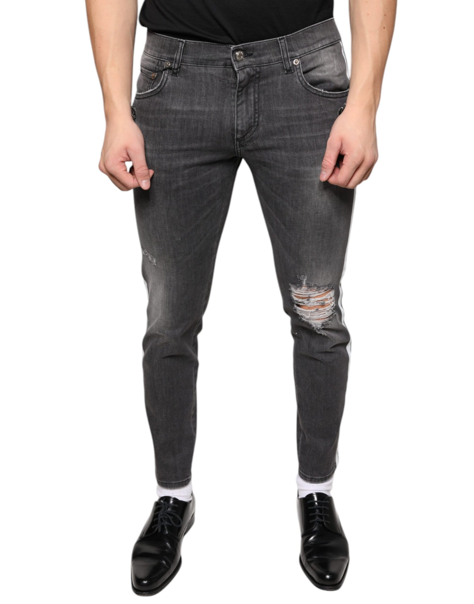 Black Tattered Cotton Skinny Men Denim Jeans