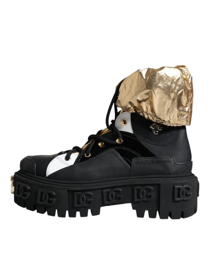 Black Gold Leather Trekking Ankle Boots Shoes