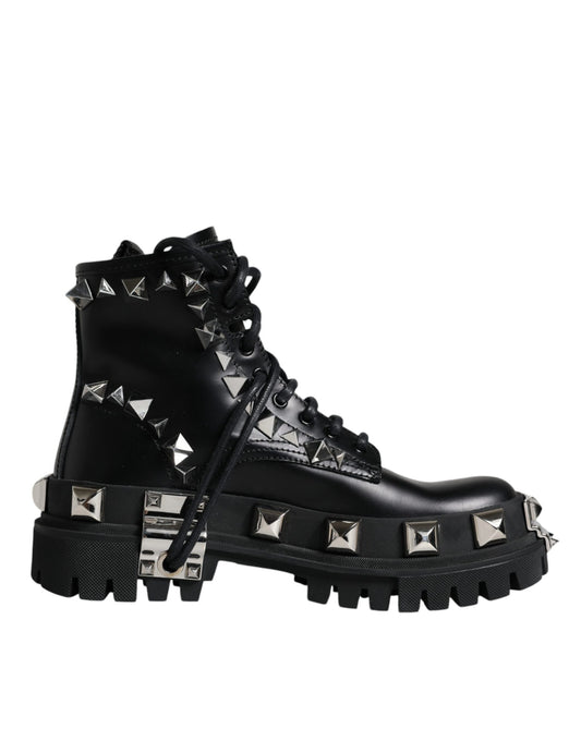 Black Leather Studded Trekking Boots Shoes