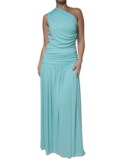 Light Blue Jersey Long Drape One Shoulder Dress