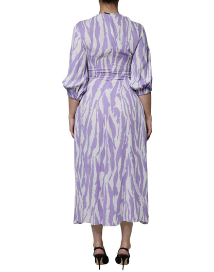 White Purple Patterned Viscose Short Sleeves Maxi Dress