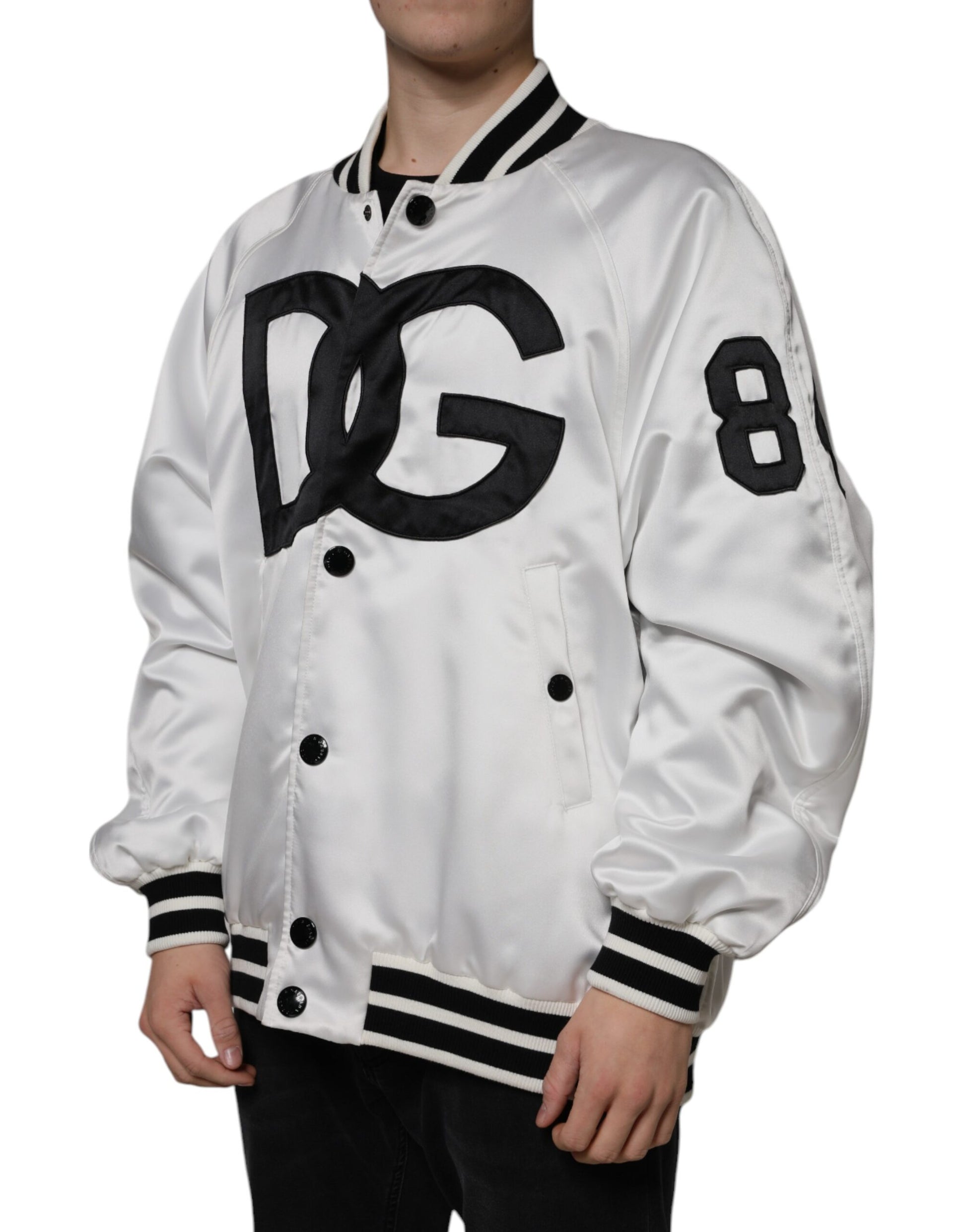 White Polyester Logo Full Zip Bomber Jacket