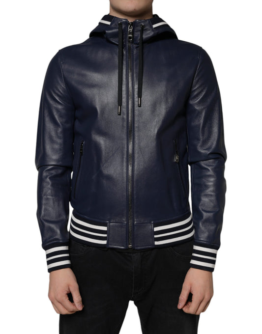 Blue Leather Full Zip Hooded Bomber Jacket