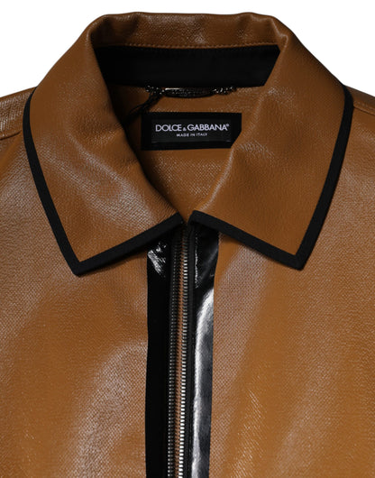 Brown Leather Full Zip Men Bomber Jacket