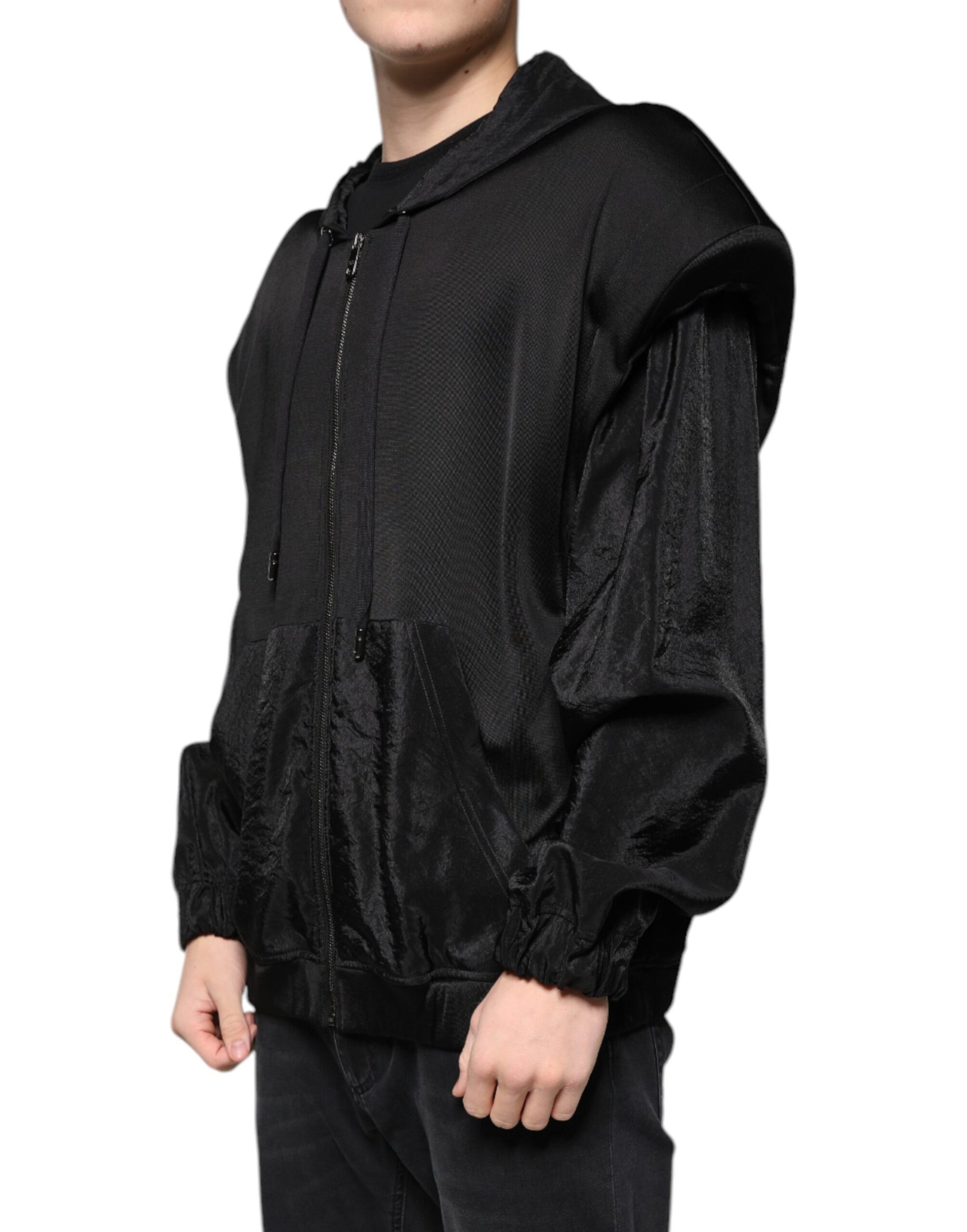 Black Viscose Full Zip Hooded Bomber Jacket