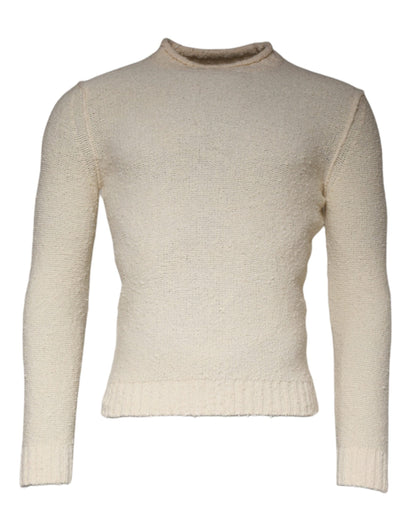 Beige Wool Knit Long Sleeve Round Neck Pullover Sweater