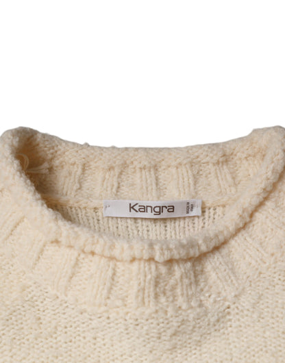 Beige Wool Knit Long Sleeve Round Neck Pullover Sweater