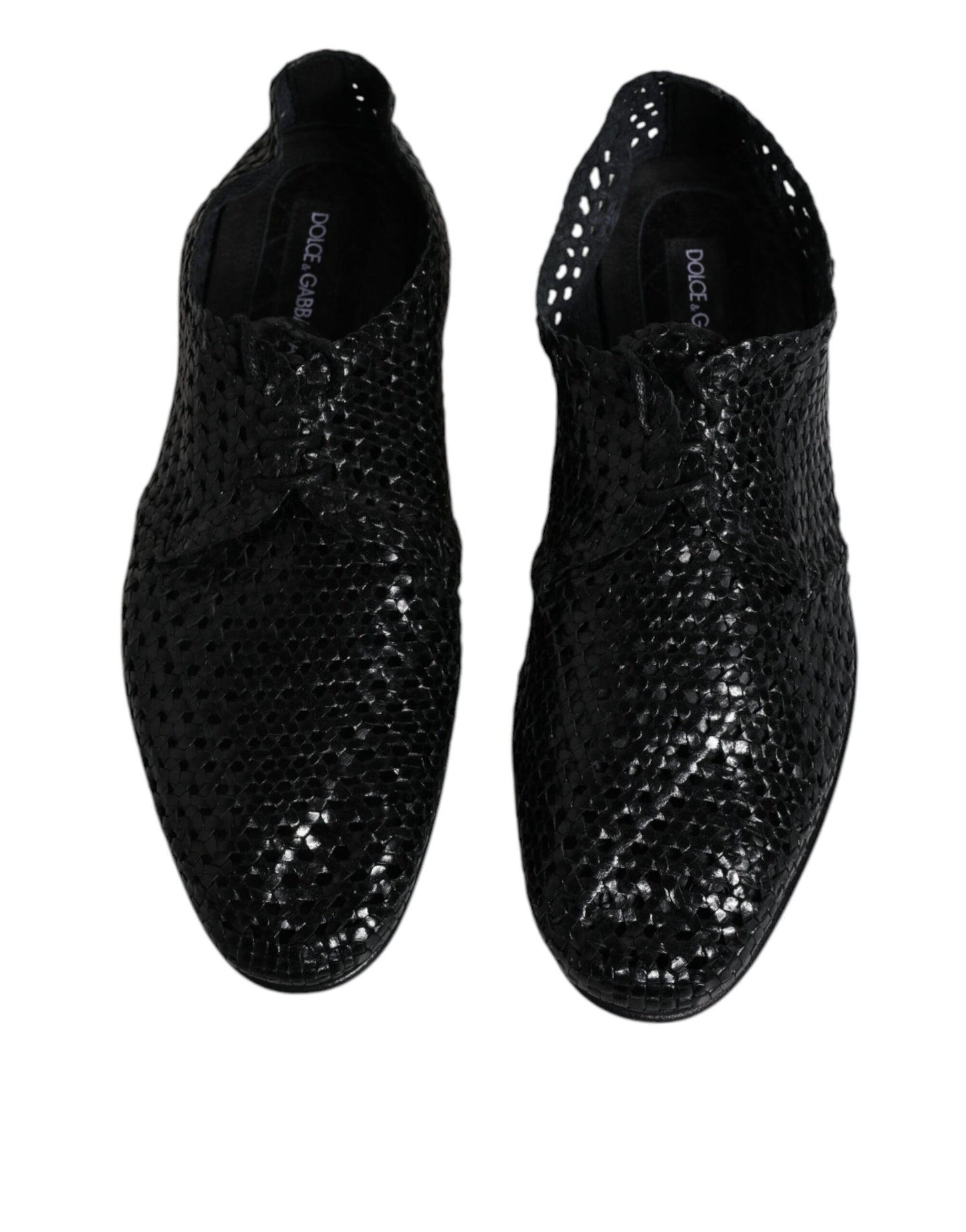 Black Woven Leather Lave Up Derby Shoes