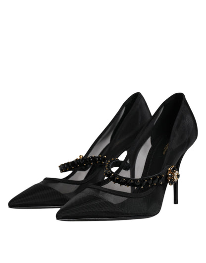 Black Mesh Mary Jane Crystal Heel Pump Shoes