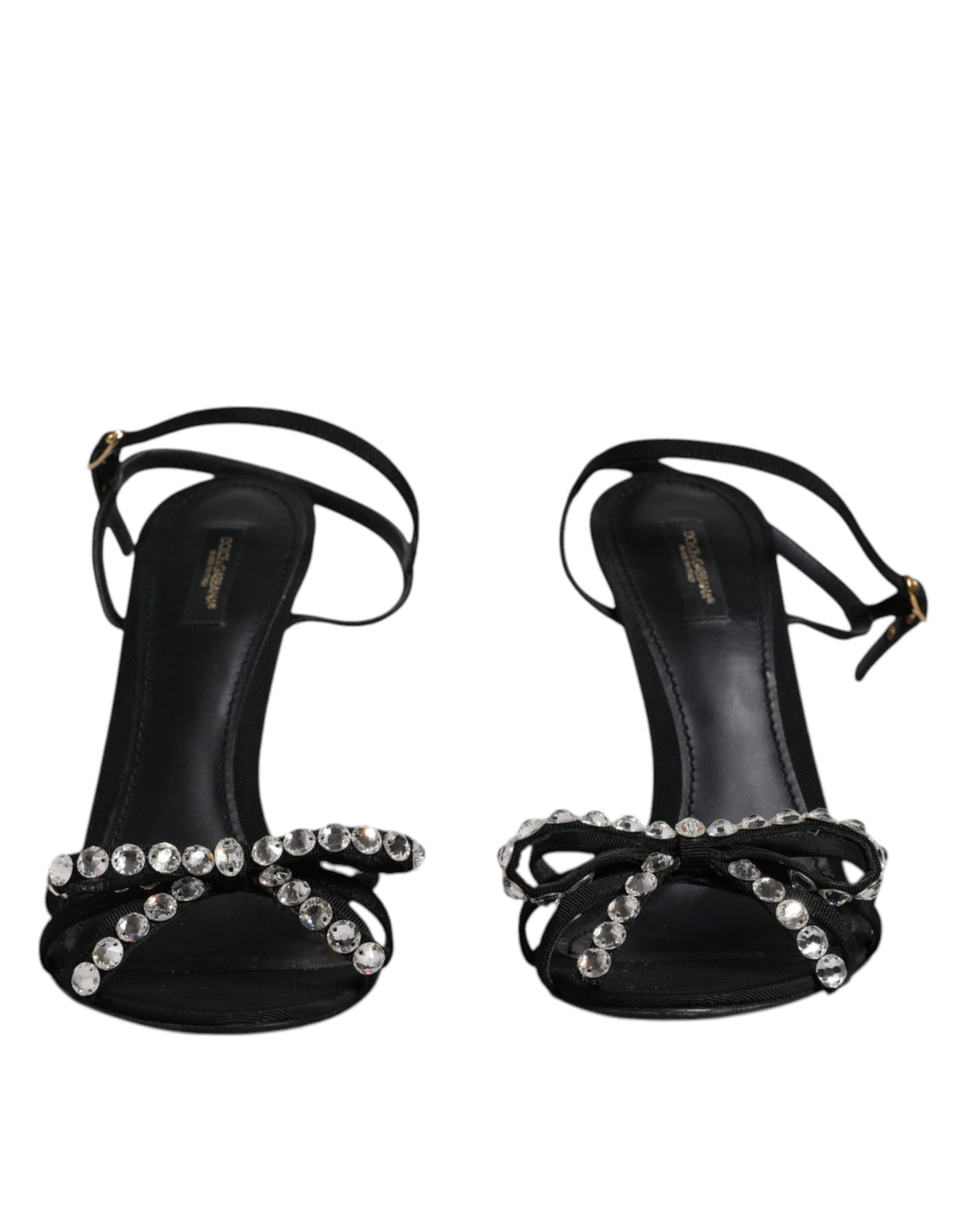 Black Leather Crystal Heels Sandals Shoes