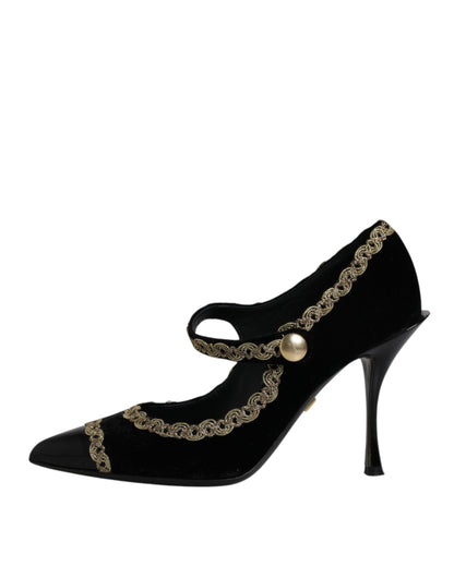 Black Velvet Gold Mary Janes Pumps Shoes