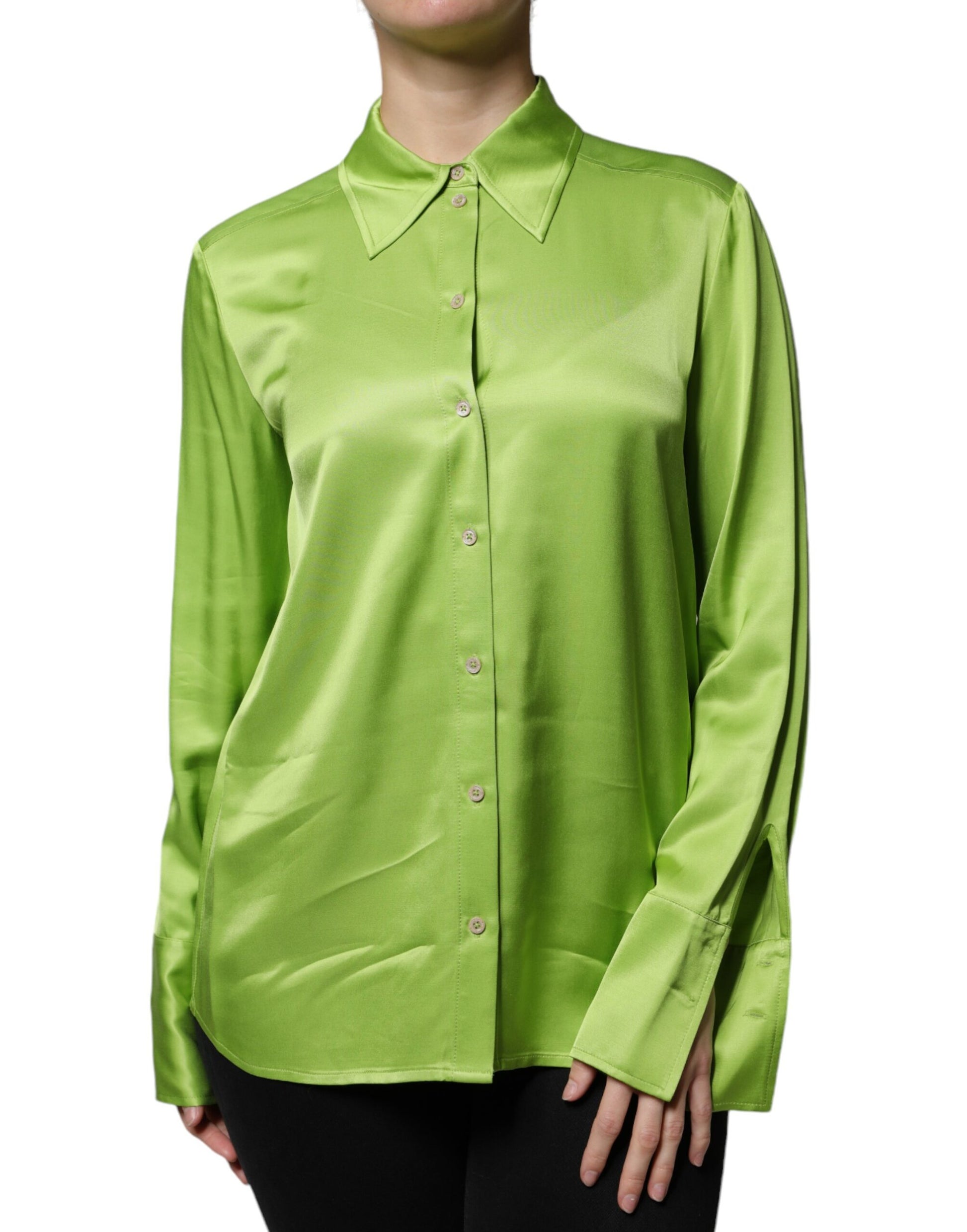 Green Viscose Long Sleeves Collared Blouse Top