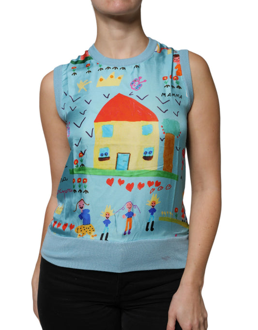 Blue Drawing Cashmere Sleeveless Tank Top