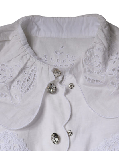 White Cotton Lace Trim Collared Blouse Top