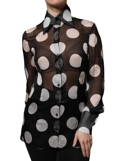 Black White Polka Dots Silk Long Sleeves Top