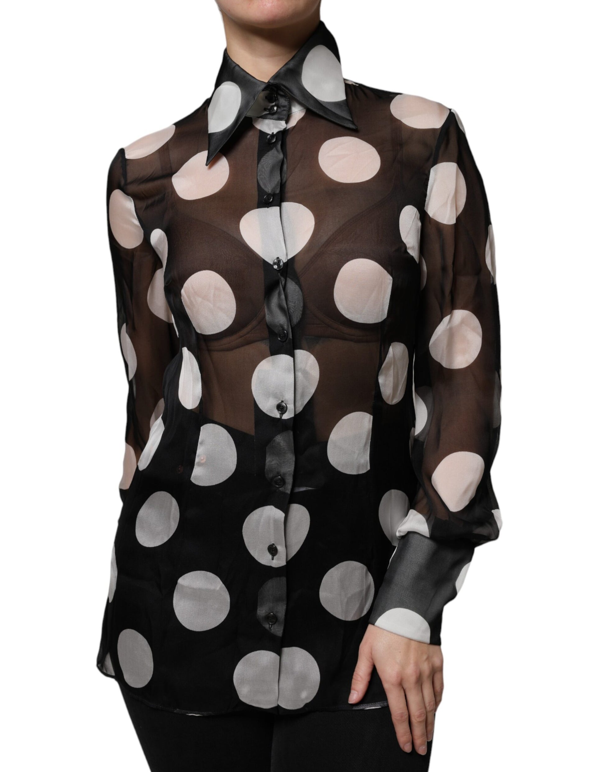 Black White Polka Dots Silk Long Sleeves Top