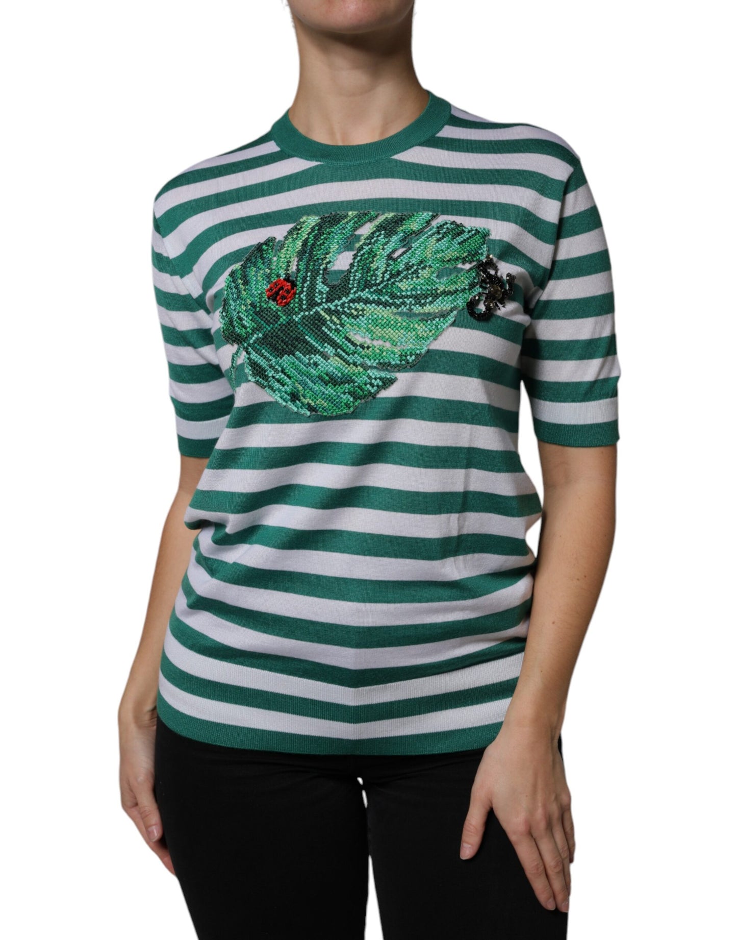 White Green Stripe Leaf Crew Neck T-shirt