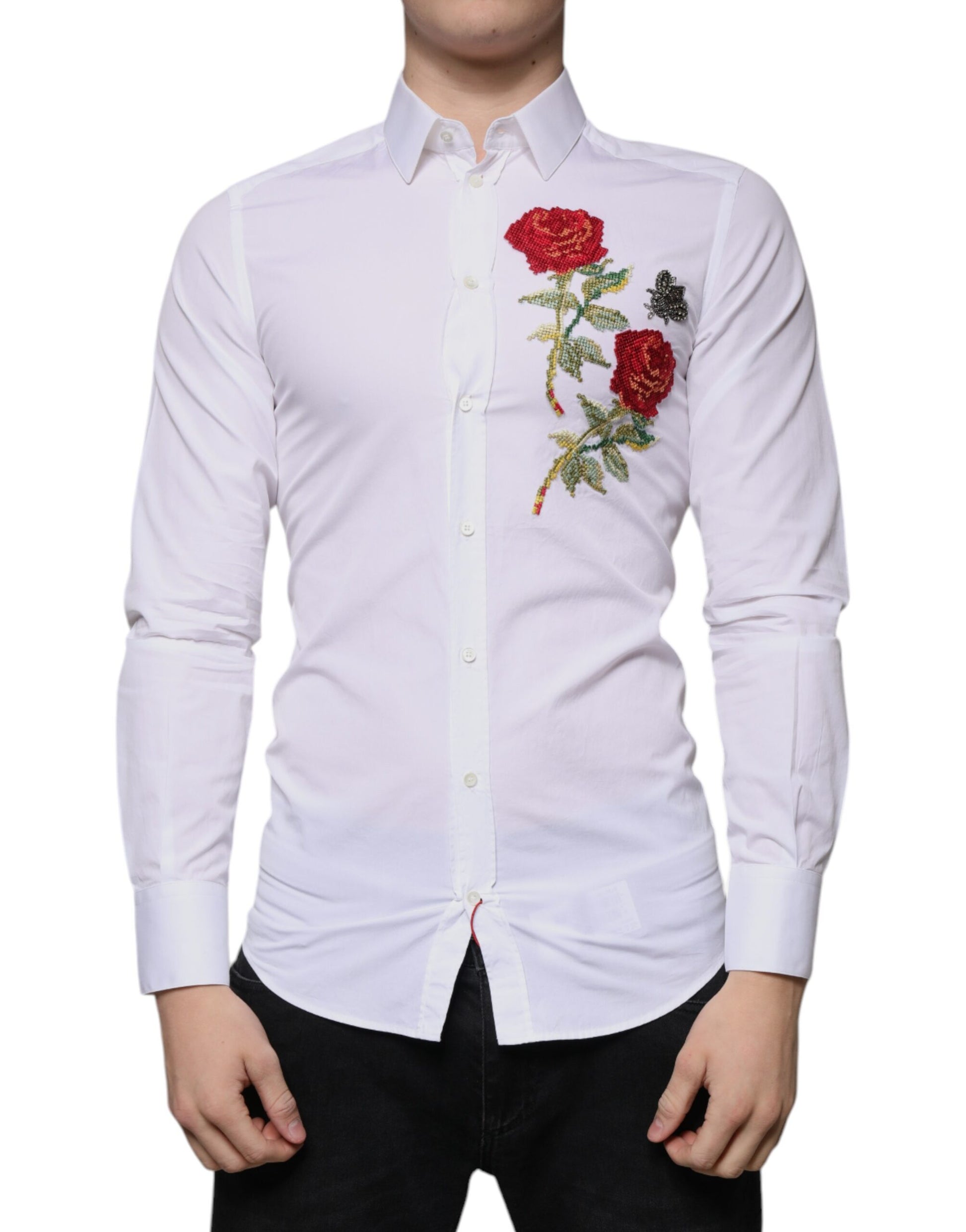 White Floral Embroidery GOLD Men Dress Shirt