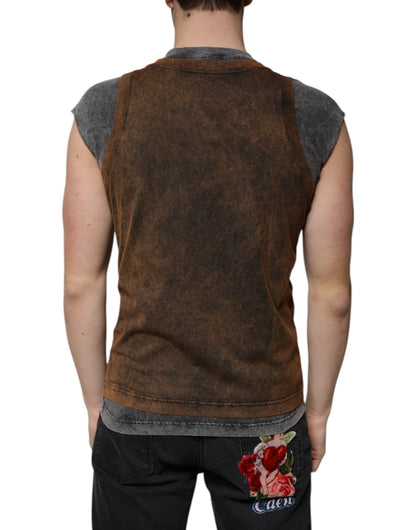 Brown Cotton Crew Neck Sleeveless T-shirt