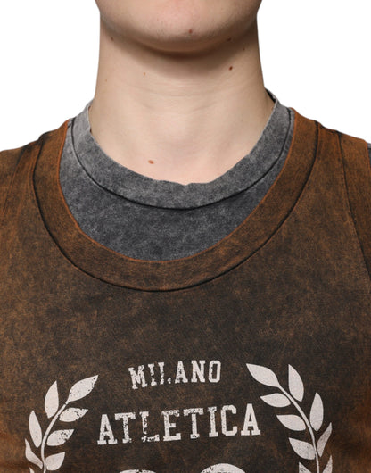 Brown Cotton Crew Neck Sleeveless T-shirt