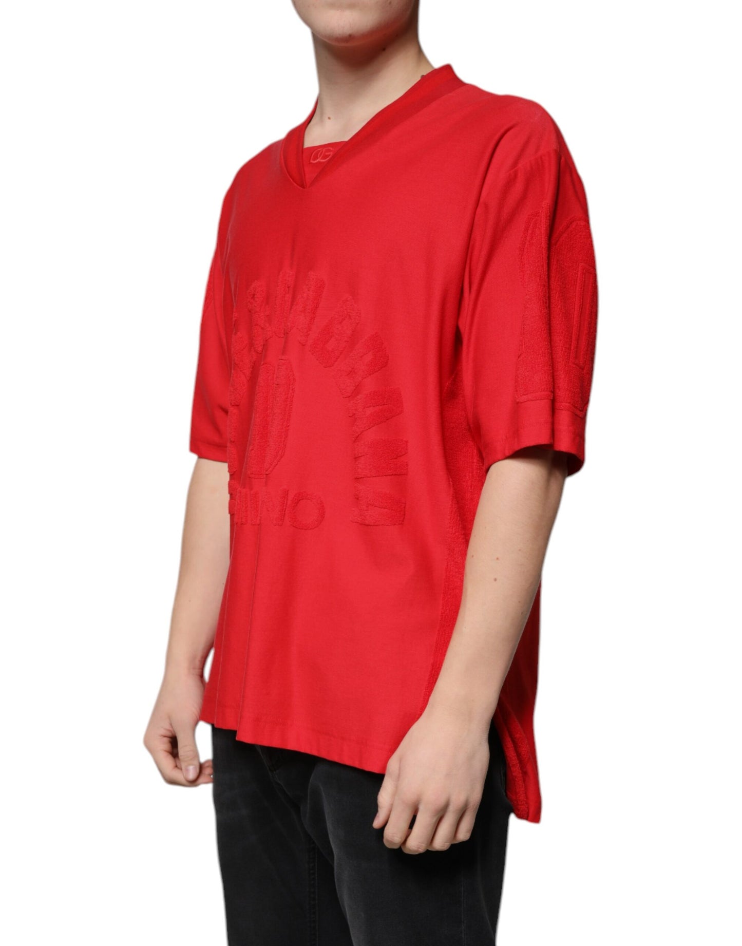 Red Cotton V-neck Short Sleeves T-shirt