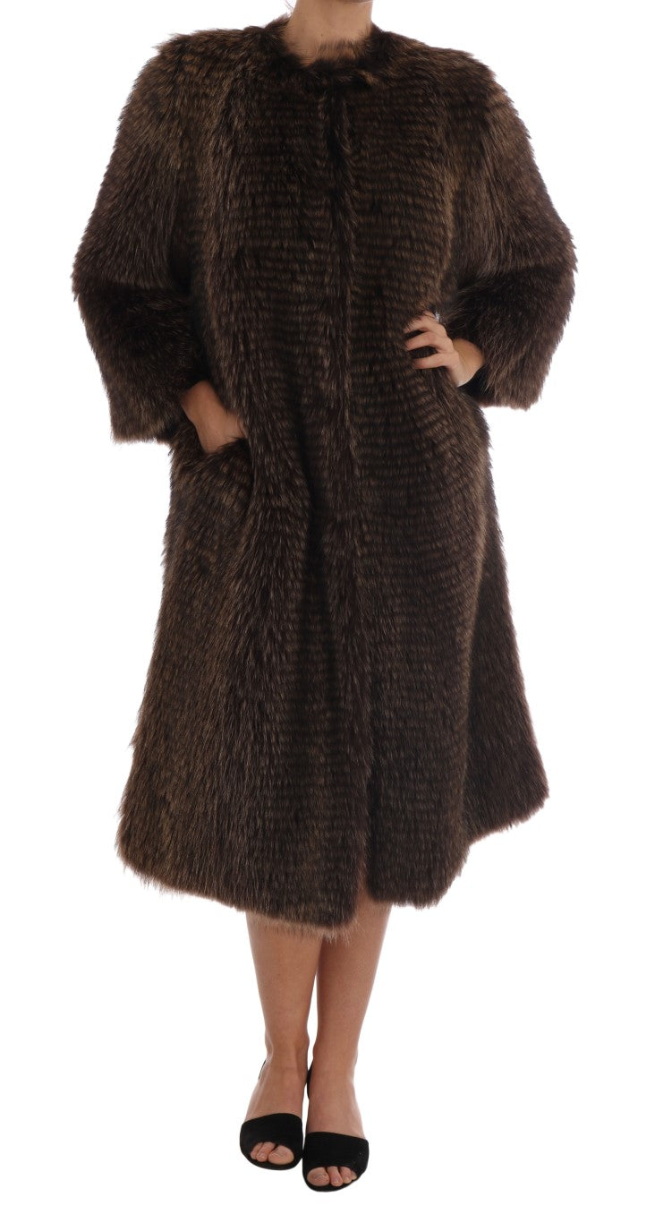 Elegant Brown Raccoon Fur Knee-Length Coat