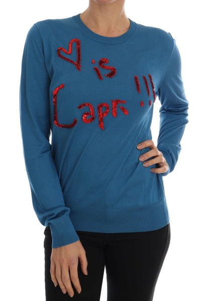 Blue Silk Sequined Capri Pullover Sweater