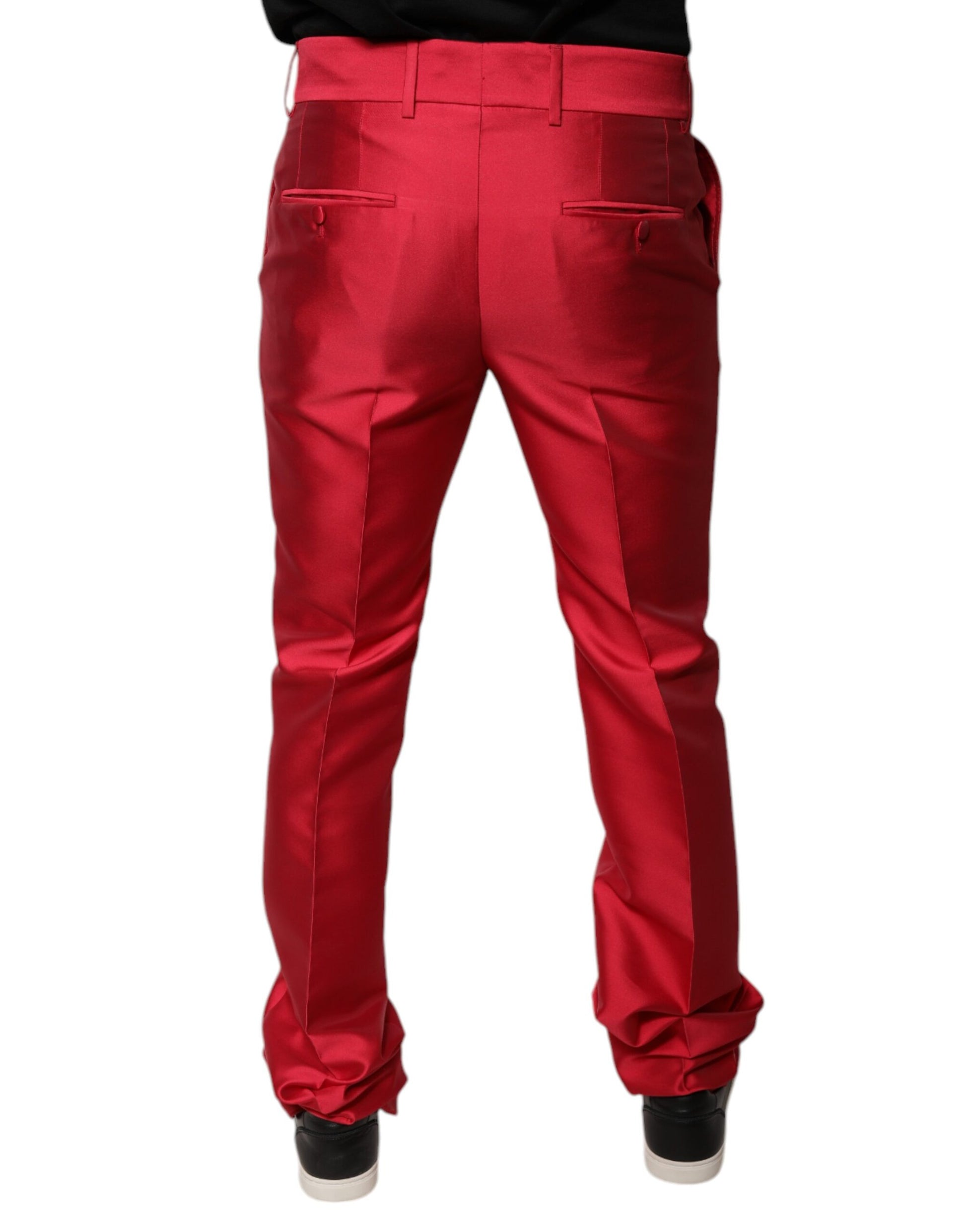 Red Silk Slim Fit Mid Waist Dress Formal Pants