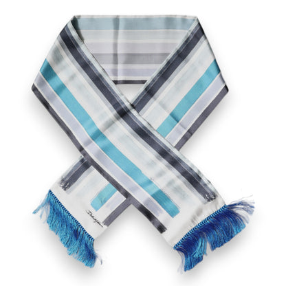 White Blue Stripes Silk Fringes Wrap Scarf
