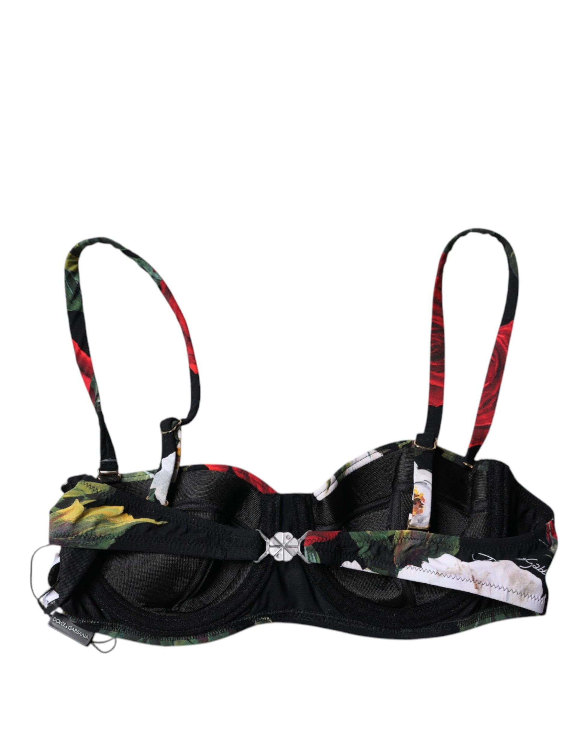 Black Floral Print Nylon Balconcino Bra Underwear