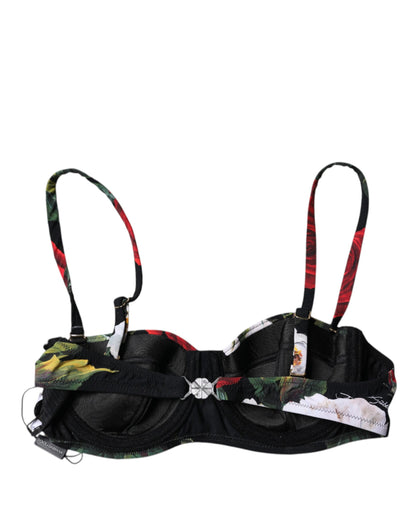 Black Floral Print Nylon Balconcino Bra Underwear