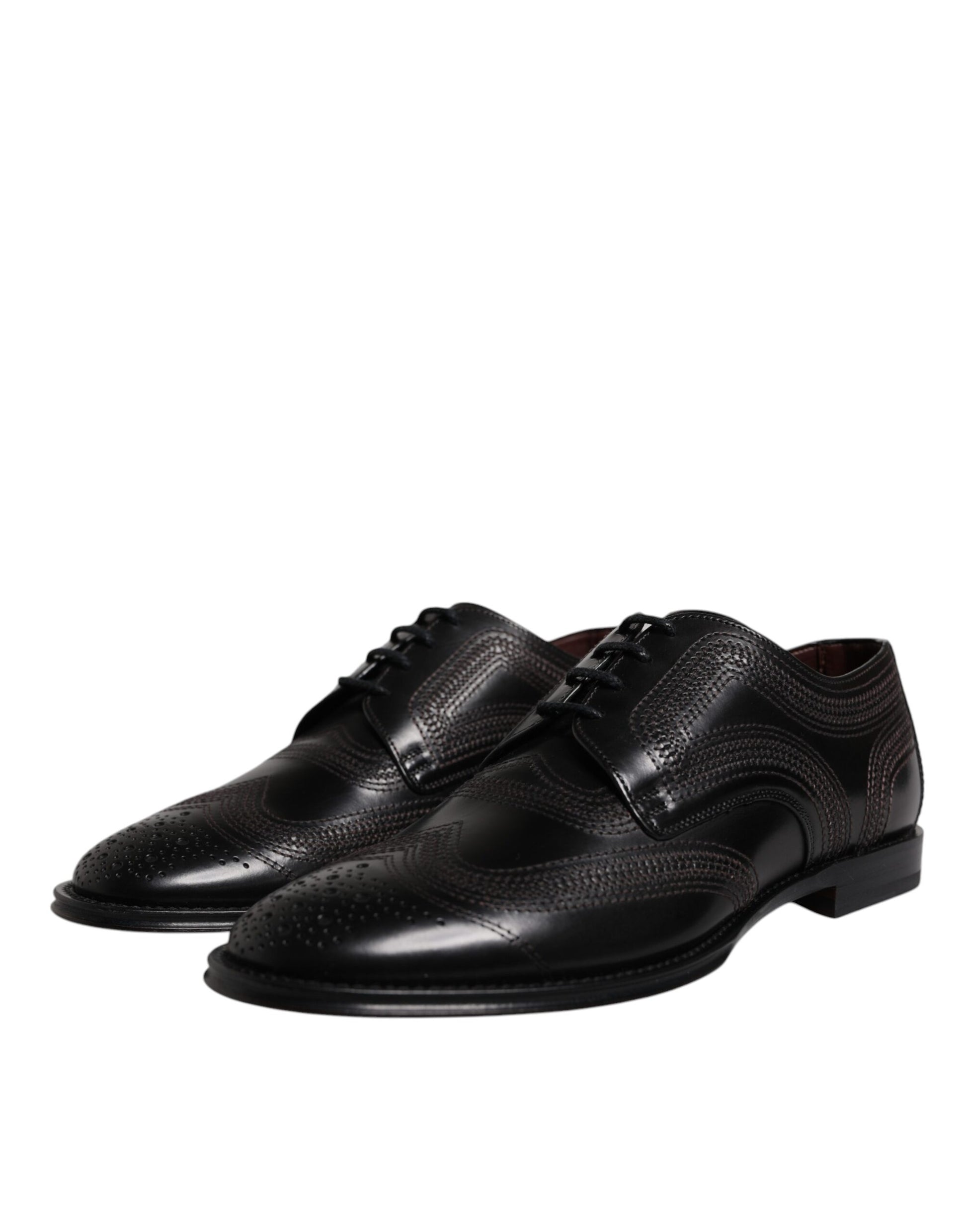Black Embroidered Classic Leather Derby Dress Shoes