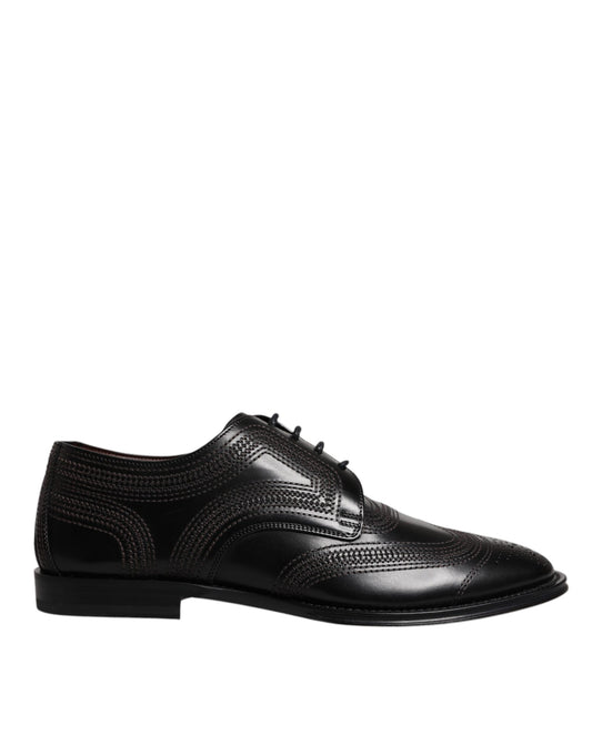 Black Embroidered Classic Leather Derby Dress Shoes