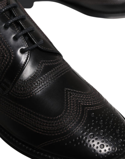 Black Embroidered Classic Leather Derby Dress Shoes