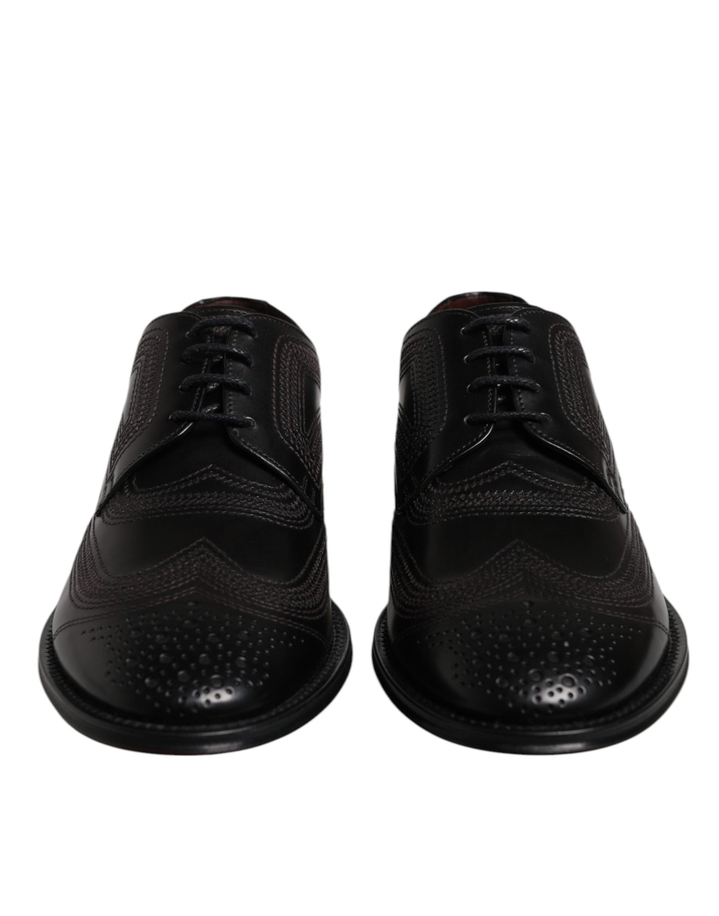 Black Embroidered Classic Leather Derby Dress Shoes