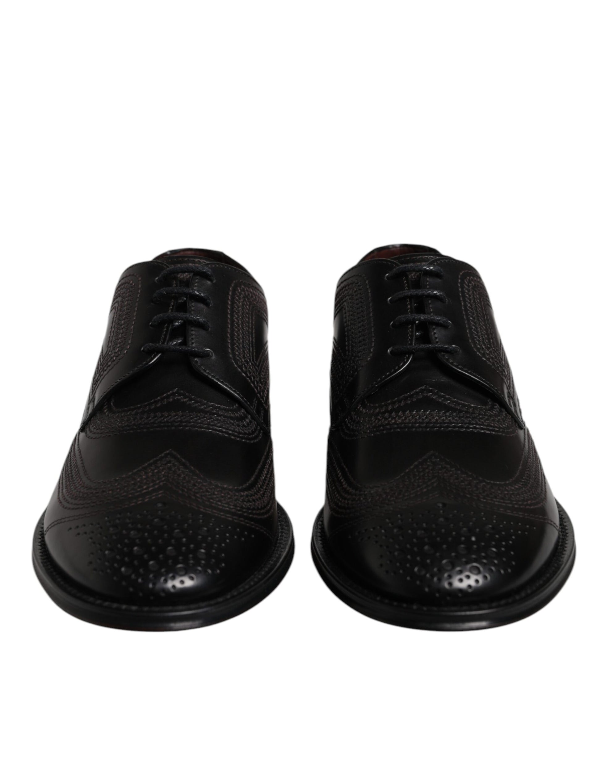 Black Embroidered Classic Leather Derby Dress Shoes