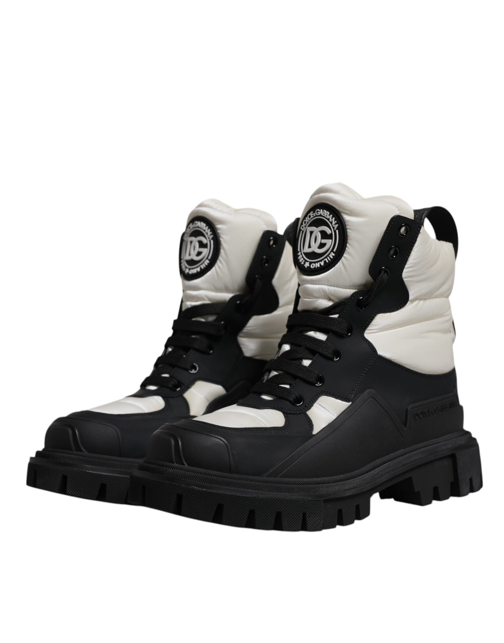 Black White Padded Mid Calf Lace Up Boots Shoes