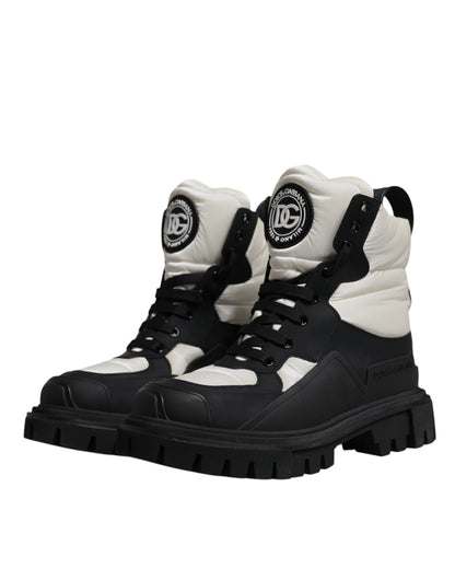 Black White Padded Mid Calf Lace Up Boots Shoes