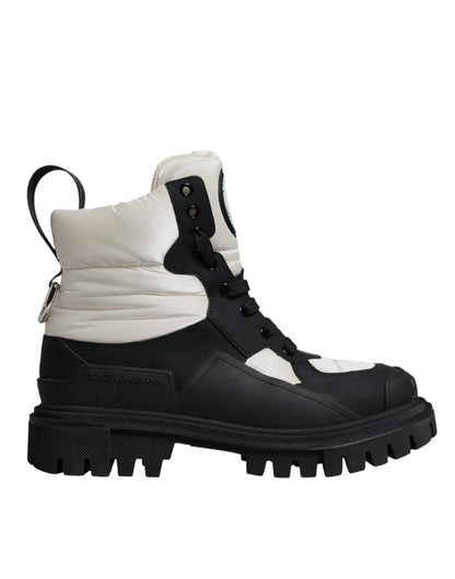 Black White Padded Mid Calf Lace Up Boots Shoes