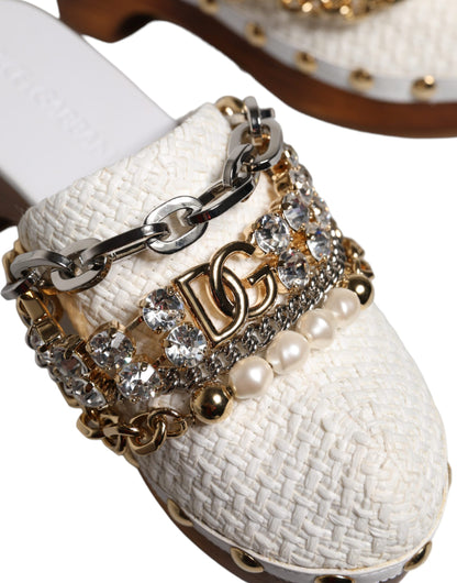 White Raffia Clogs Bejeweled Chain Sandals Shoes