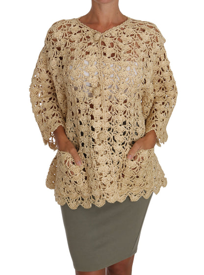 Chic Beige Crochet Raffia Cardigan