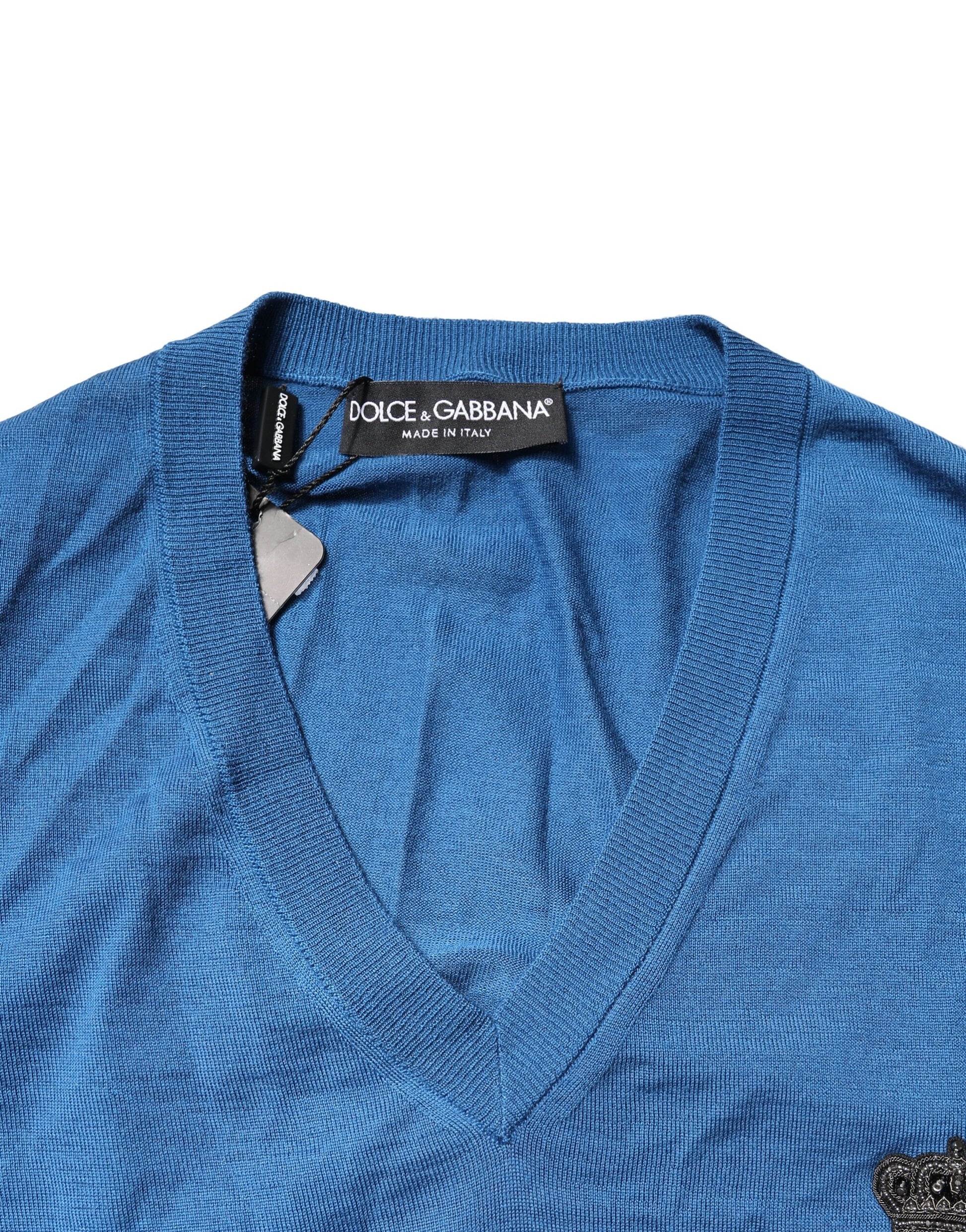 Blue Cashmere Crown V-neck Pullover Sweater
