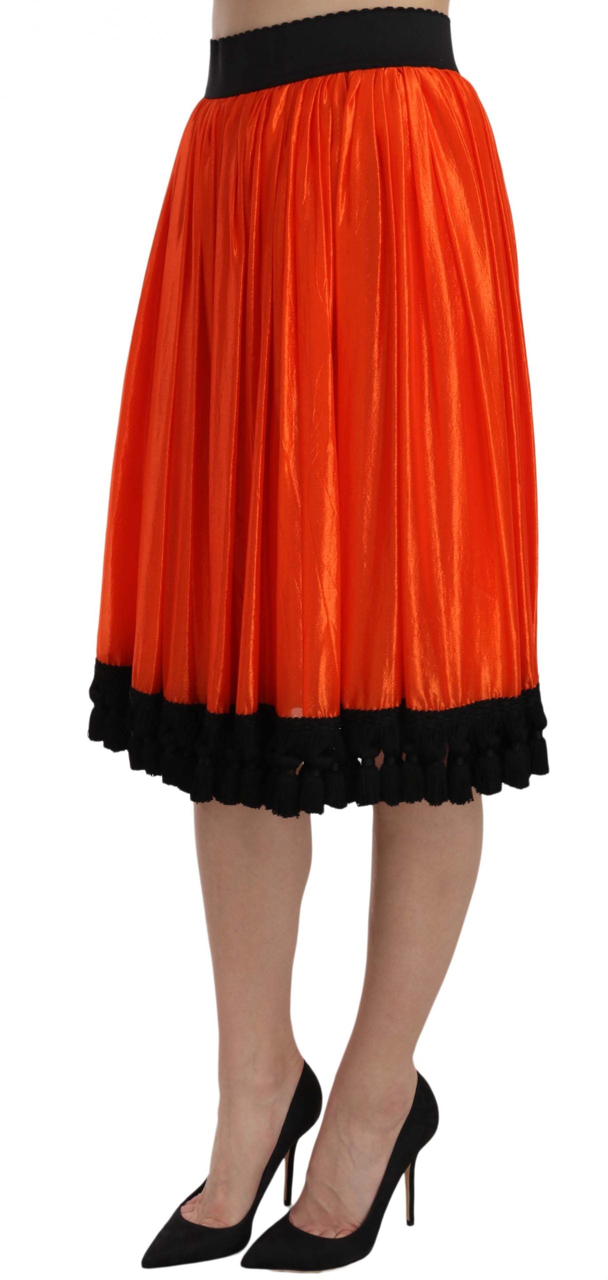 High-Waist Black & Orange Knee-Length Skirt