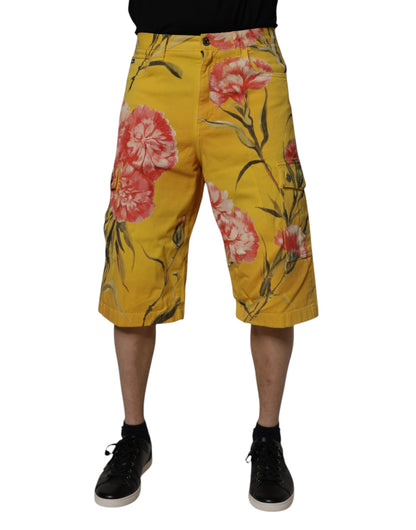 Yellow Floral Cargo Denim Men Bermuda Shorts